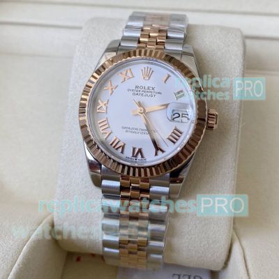 Swiss copy A+ Rolex Datejust 2824 White Roman Rose Gold Two-tone Jubilee Bracelet 